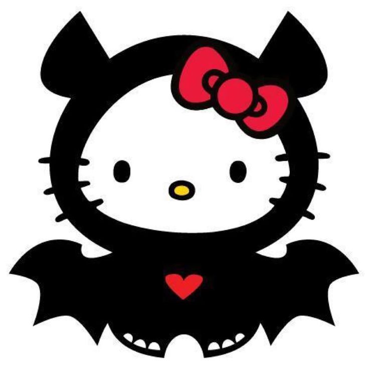 a hello kitty bat with a red bow on it's head and eyes,