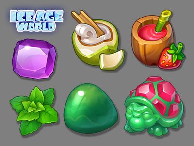 an image of some different items for the game, including plants and rocks with words that read ice age world