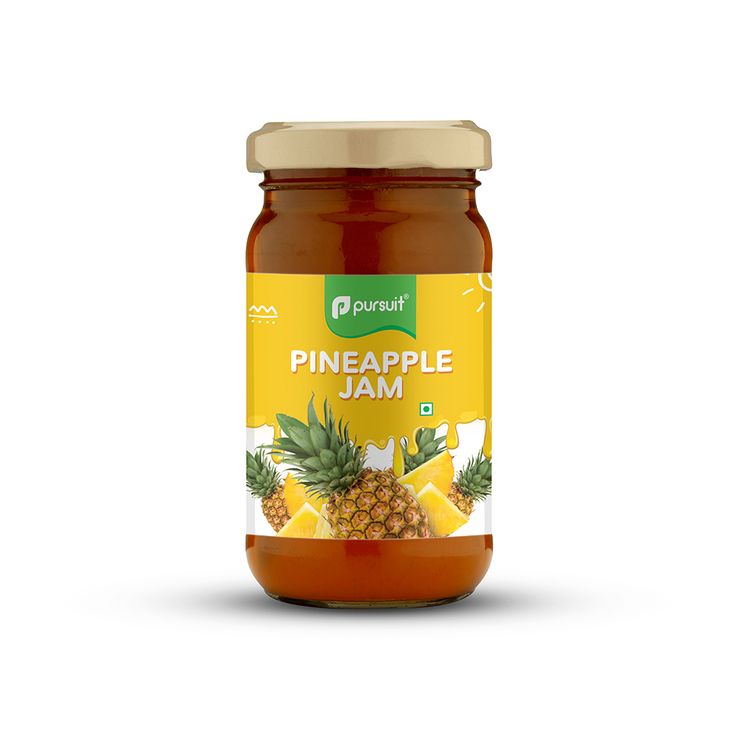 a jar of pineapple jam on a white background