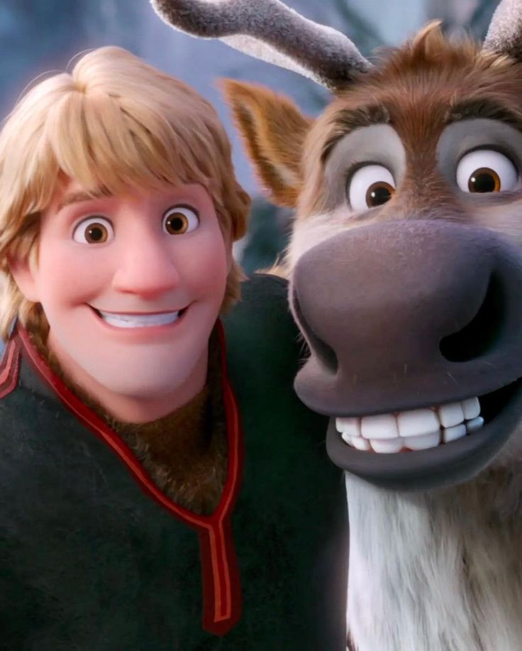 an animated character is smiling next to a reindeer in the movie, frozen ground 2