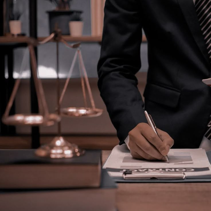 a man in a suit writing on a piece of paper next to a balance scale