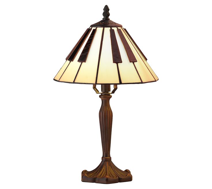 a lamp that is sitting on top of a wooden stand with a white light in the middle