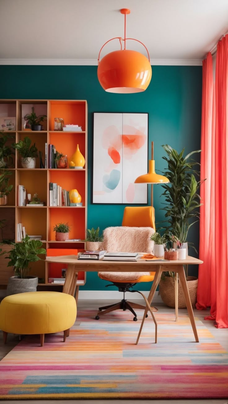 an office with orange and blue walls, colorful rugs, yellow chair, potted houseplant and large painting on the wall