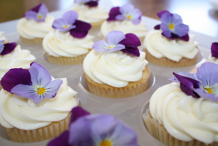 cupcakes with white frosting and purple pansies