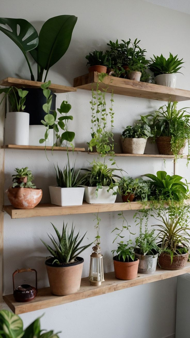 several plants are arranged on wooden shelves in a room