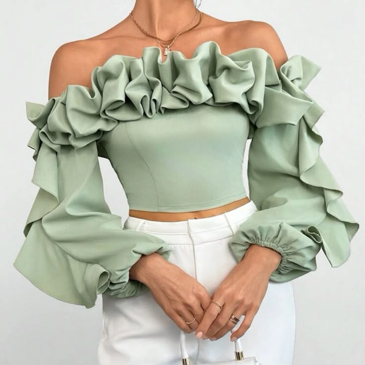 Super Cute And Stylish Ships In 5-10 Business Days Green Ruffled Party Top, Chic Green Off-shoulder Blouse, Chic Green Off-shoulder Top, Feminine Spring Party Blouse, Fitted Feminine Green Tops, Green Off-shoulder Party Top, Chic Spring Party Blouse, Elegant Off-shoulder Blouse For Spring, Elegant Off-shoulder Spring Blouse