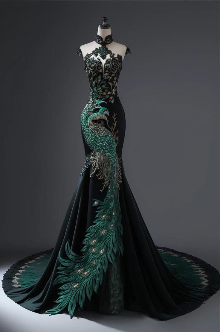 Peacock Ball Gown, Yule Ball Dress Ideas Slytherin, Black And Green Wedding Dresses, Green And Black Gown, Peacock Wedding Dress, Night In Paris Dress, Peacock Outfit, Wedding Dress Fairytale, Creative Dresses