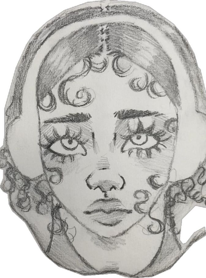 a drawing of a woman's face with curly hair and eyeliners on it