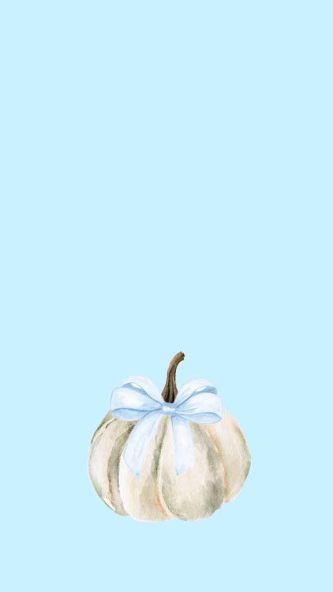 a painting of a white pumpkin with a blue bow on it's head, against a light blue background