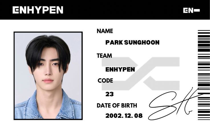 Enhypen
Sunghoon
Id card Sunghoon Sticker Printable, Enhypen Crafts, Enhypen Id Card, Enhypen Printable, Enhypen Id, Enhypen Mail Sticker, Sunghoon Photocard, Enhypen Sticker, Kpop Printables