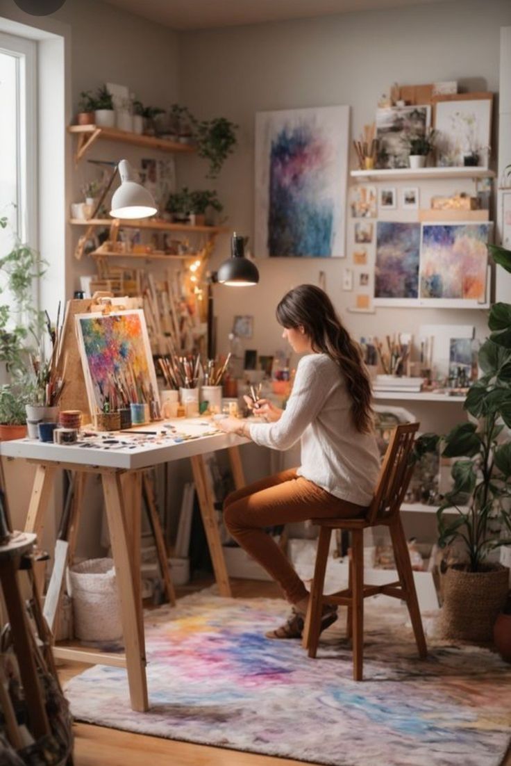 a woman sitting at a desk in front of an easel with paint and brushes on it