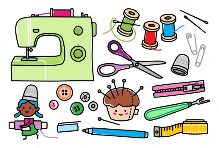 a sewing machine, scissors, thread, and other crafting items on a white background