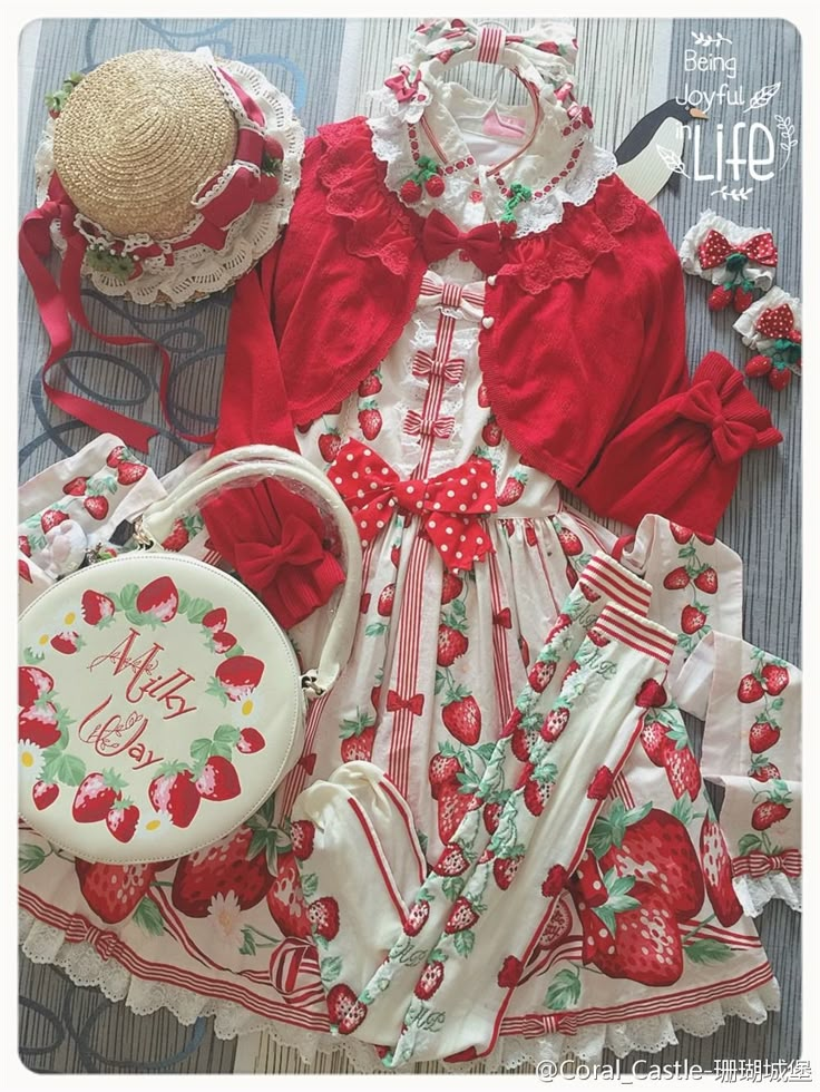 Strawberry Milk Aesthetic Outfits, Halfling Bard, Strawberry Clothing, Strawberry Outfit, Strawberry Stuff, Strawberry Aesthetic, Strawberry Things, Strawberry Dress, Sweet Lolita