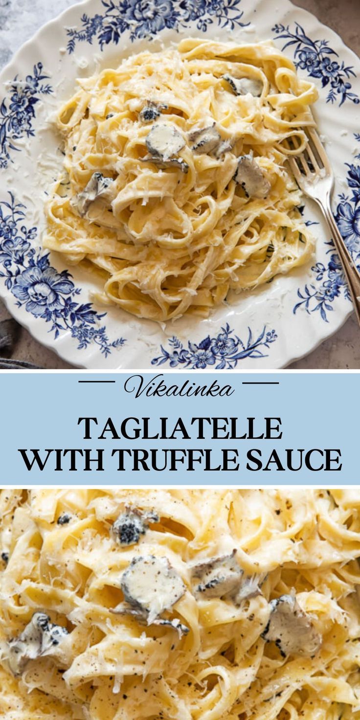 a plate full of spaghetti with mushrooms and cheese on it, next to a bowl filled with sauce