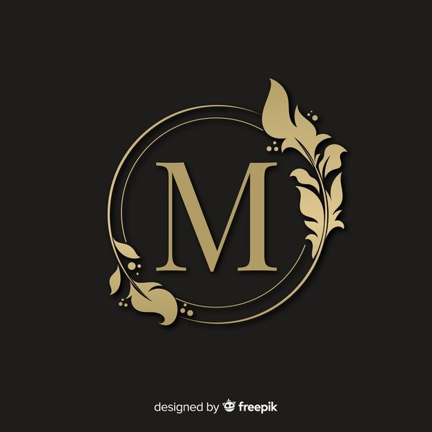 the letter m with leaves and vines on black background, suitable for logos or emblems