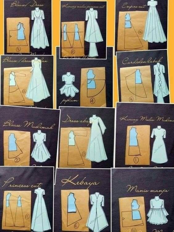 several pictures of dresses made out of paper and cut into smaller pieces, with the names on them