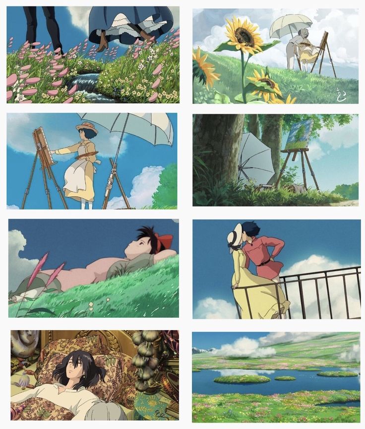 several pictures of people in different scenes with flowers and grass, one is holding an umbrella