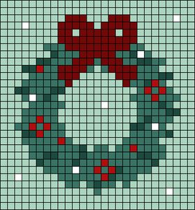 a cross - stitch christmas wreath with red bows on green and white squares in the center