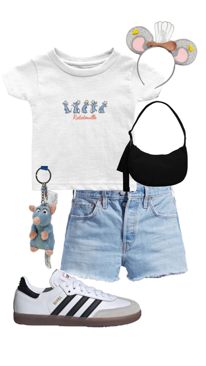 a white shirt, shorts and sneakers with mickey mouse ears on them is featured in this image