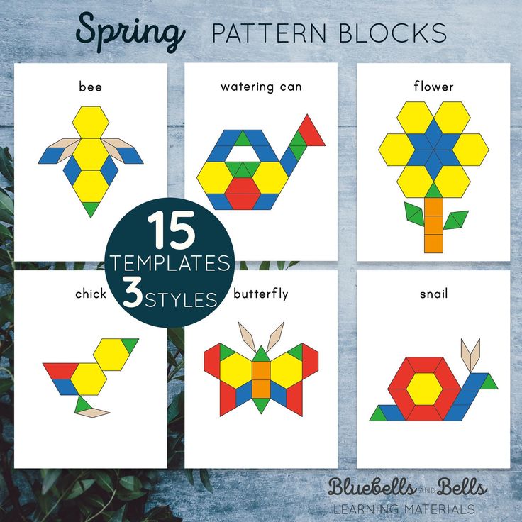 four different types of paper flowers with the text spring pattern blocks on top and below