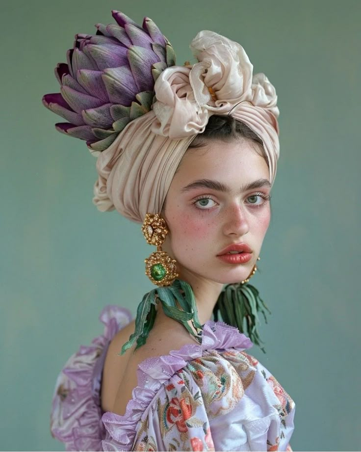 a woman with flowers in her hair wearing a purple dress and gold earrings