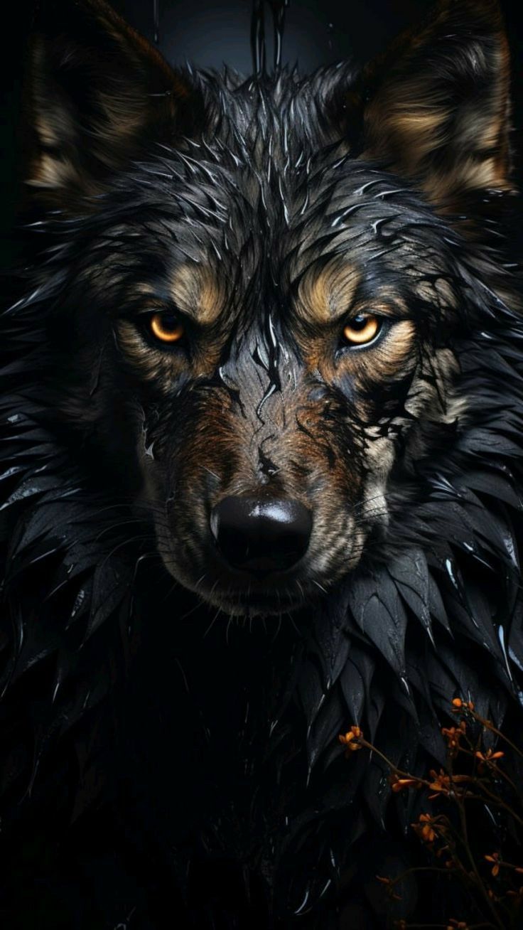 a wolf with orange eyes and black feathers