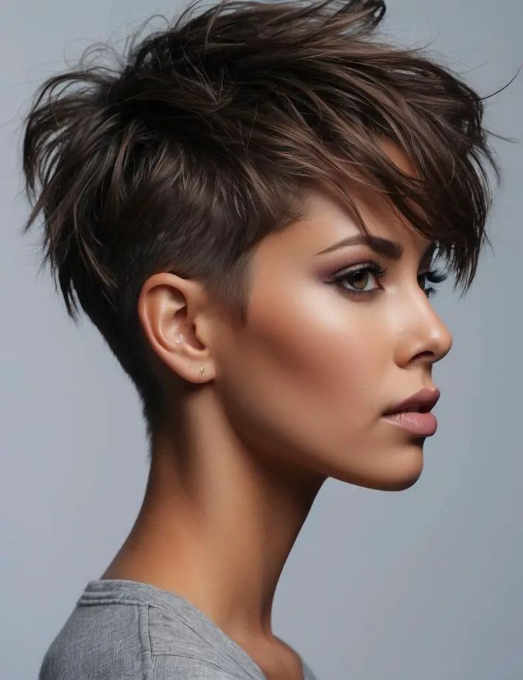 Pixie With Full Bangs, Fall Hair Colors Short Hair Pixie, Pixie Hair Styles For Women, Long On Top Short On Sides Women Haircut, Highlighted Pixie Haircut, Pixie Haircut Undercut Shaved Sides, Dark Hair Pixie Haircut, Stacked Pixie Haircut Back View, Undercut Ideas For Women