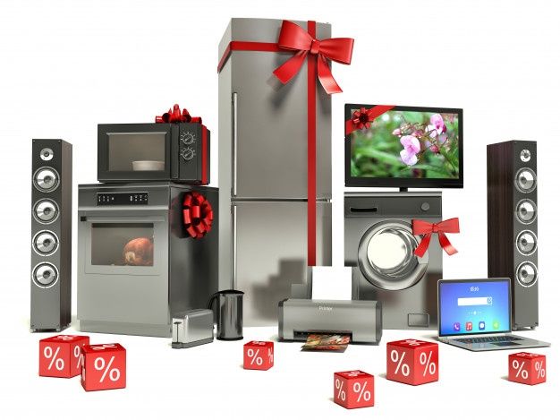 an assortment of appliances with red bows and presents around them, including a laptop computer