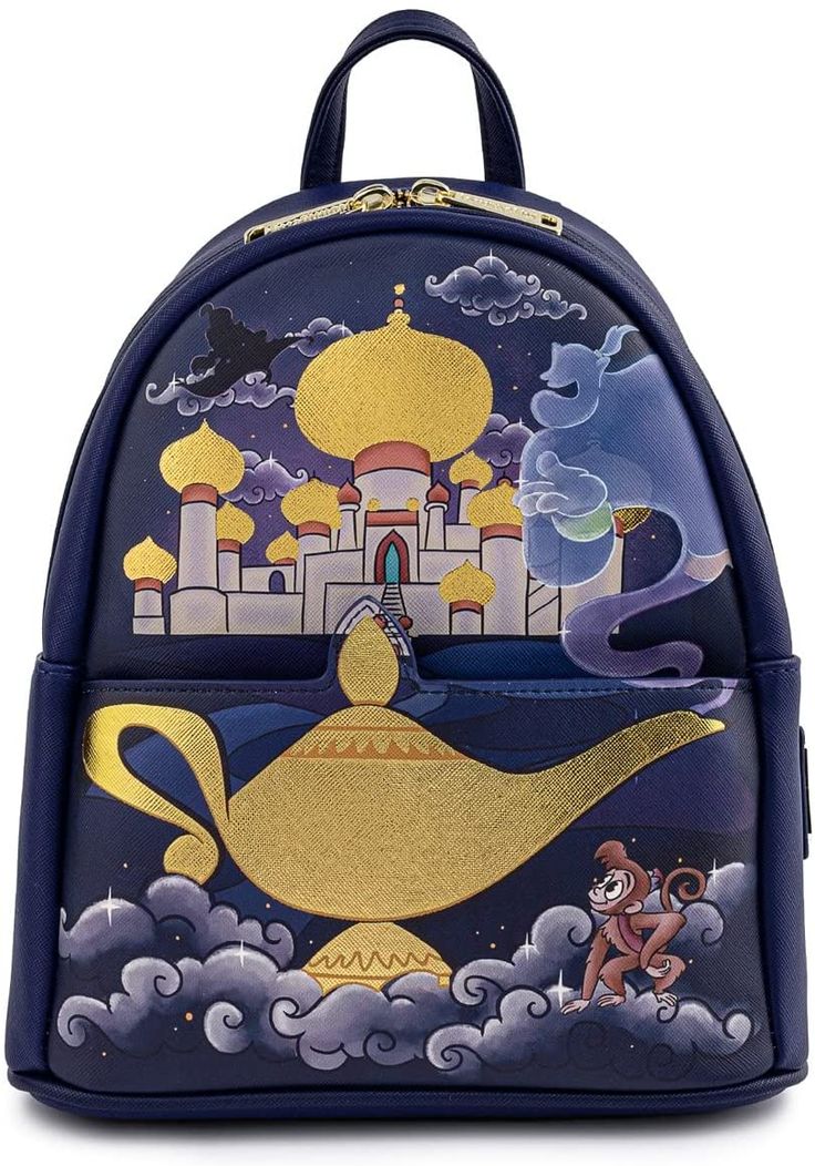 Admire the beauty and wonder of the Sultan’s Palace in Agrabah! The Loungefly Disney Aladdin Princess Jasmine Castle Mini Backpack features dark and dreamy purples with the gold palace rooftops and Genie�’s lamp standing out with foil details and eye-catching relief. On the back you’ll find Jasmine and Rajah too! There’s no need to go on a magic carpet ride or embark on a treacherous adventure in order to collect this amazing accessory for your Disney collection.•This bag is an officially license Jasmine Castle, Aladdin Princess Jasmine, Aladdin Princess, Aladdin Jasmine, Disney Princess Jasmine, Disney Jasmine, Lilo Et Stitch, Aladdin And Jasmine, Loungefly Bag