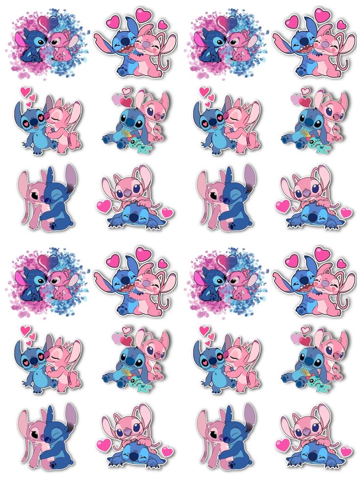 various stickers with different cartoon characters on the same sheet, one is pink and blue