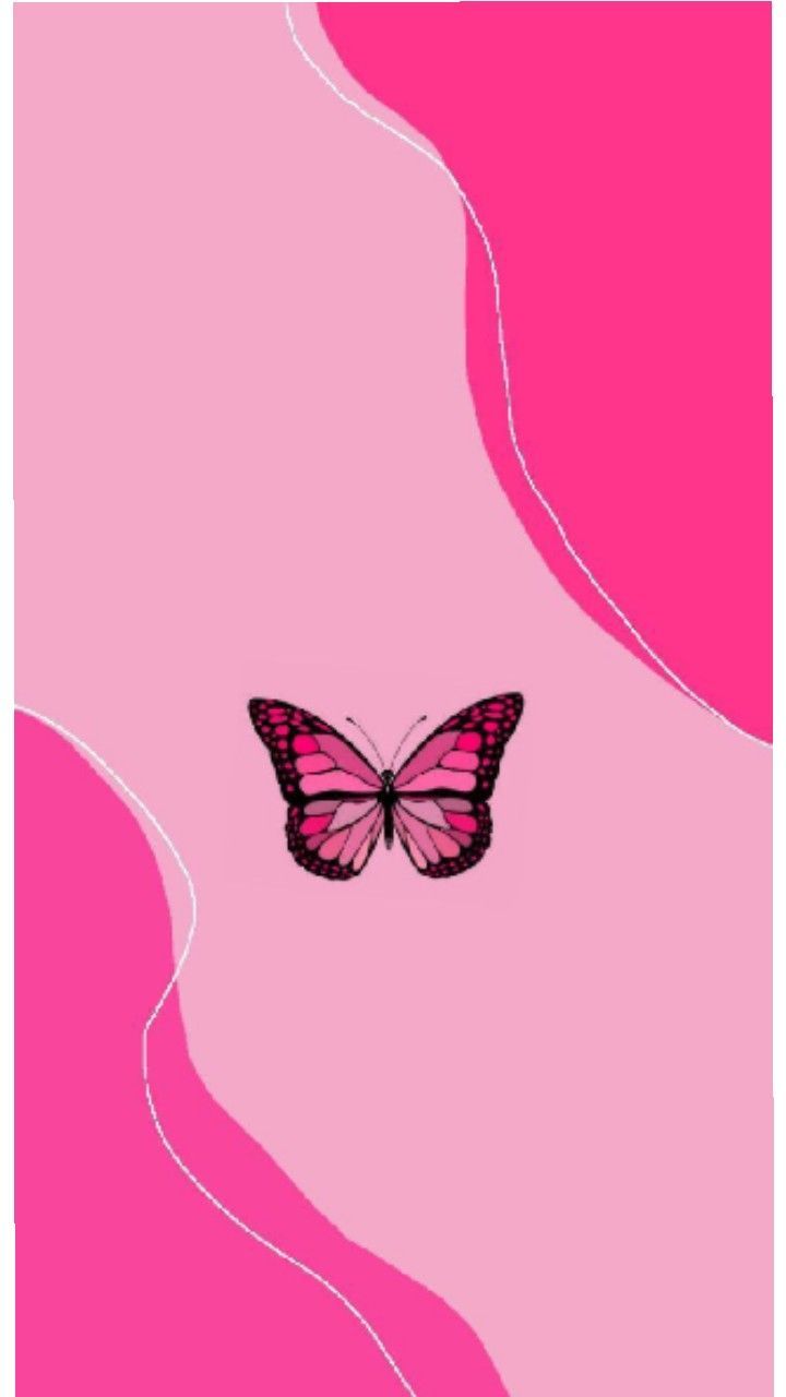 a pink and black butterfly flying in the air over a pink background with wavy lines