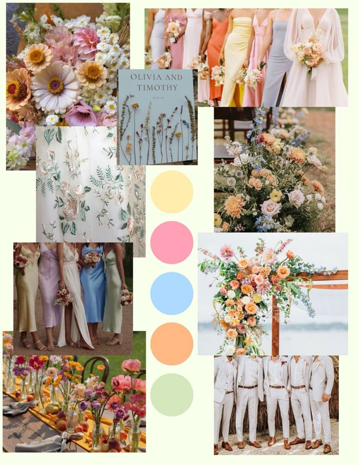 a collage of photos with different colors and flowers on them, including the bridesmaid's bouquets