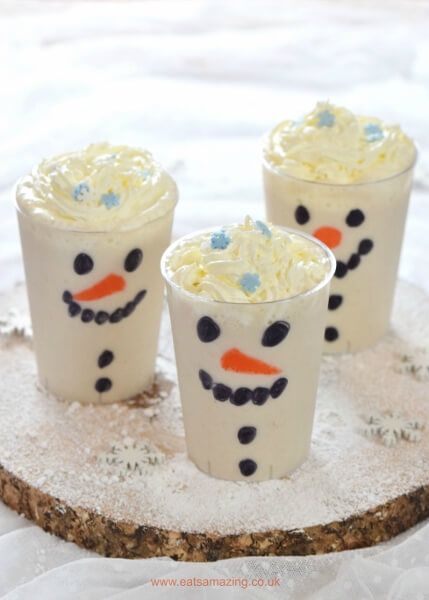 three cups with frosting on them are decorated like snowmen