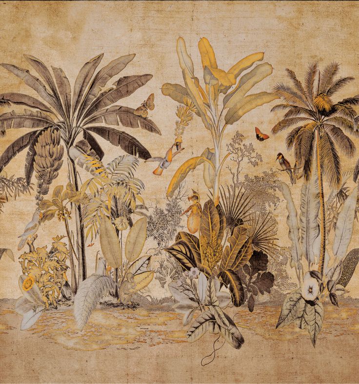 an old painting with tropical plants and birds