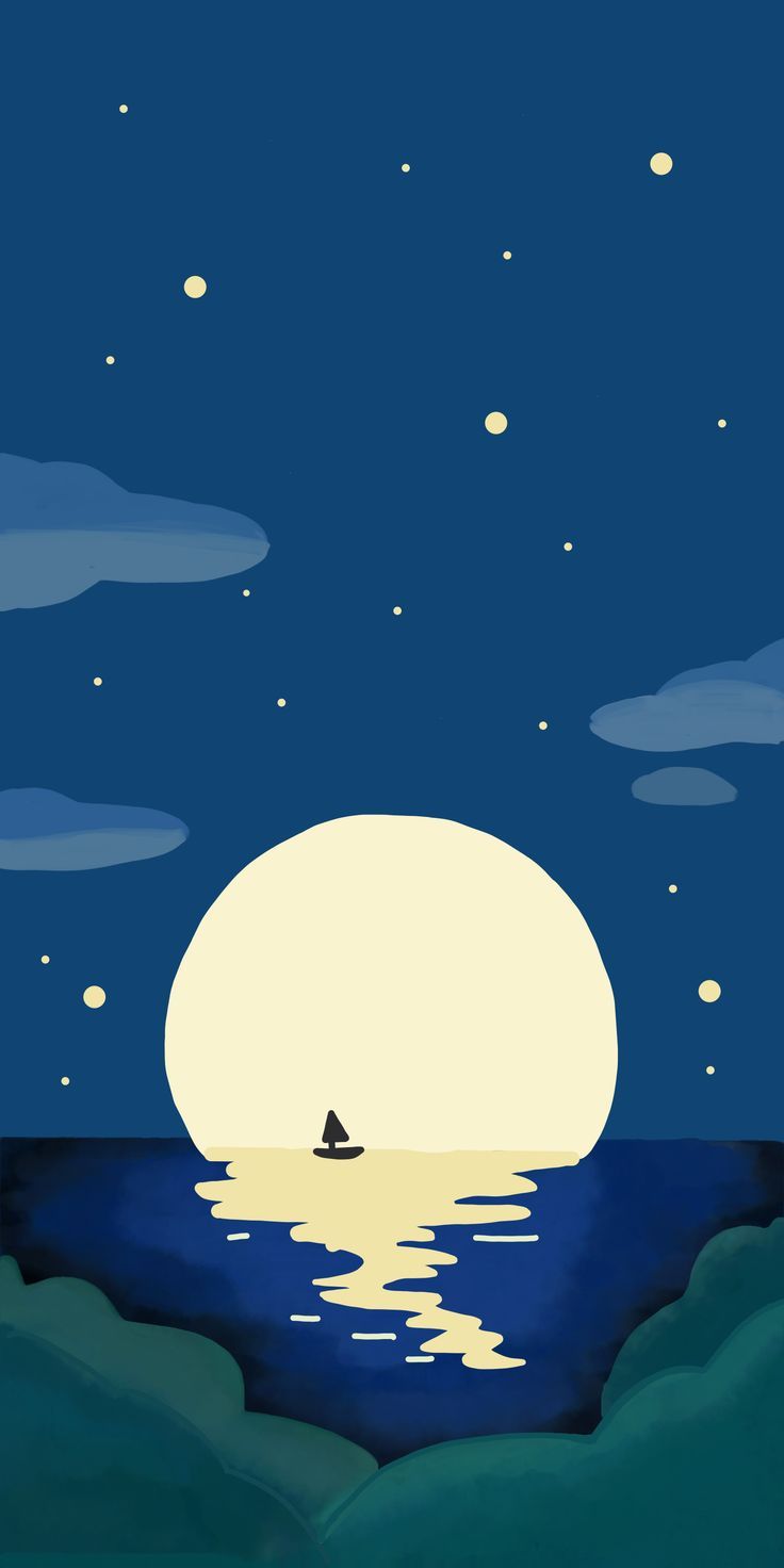 a painting of a boat in the water at night with moon and stars above it