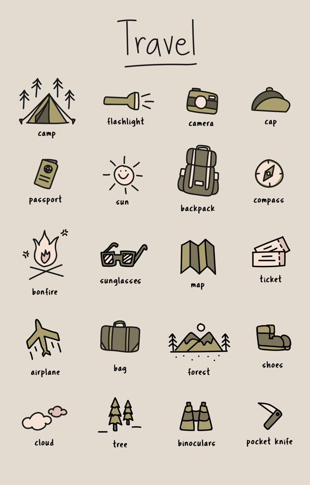 the travel icon set is shown in black and white, with different symbols on it