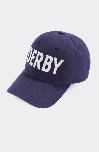 the derby hat in purple with white lettering