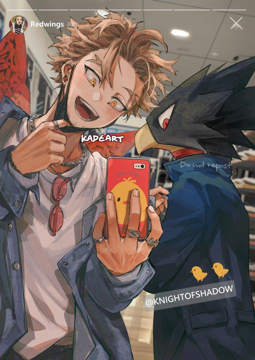 an anime character holding up a cell phone to take a selfie with another character