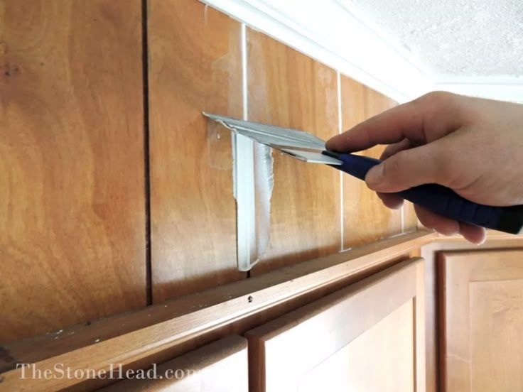 a person holding a pair of scissors in front of a cabinet door with wood paneling