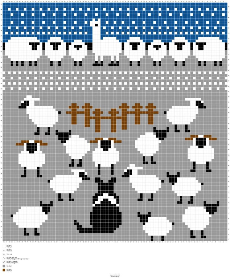 a cross stitch pattern with sheep and birds in the background, on a gray ground