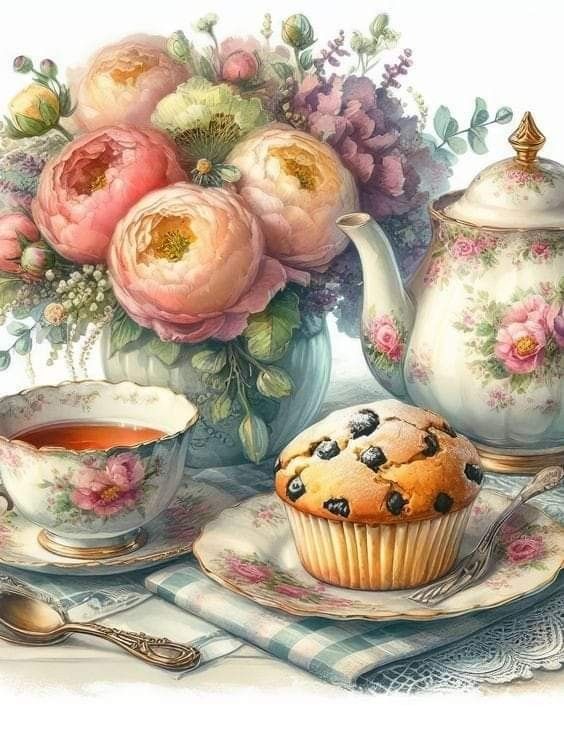 there is a cupcake on the plate next to a vase with flowers and a muffin