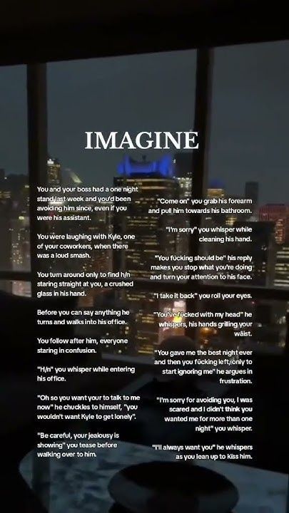 an advertisement for imagine in front of a window with the city lights lit up behind it