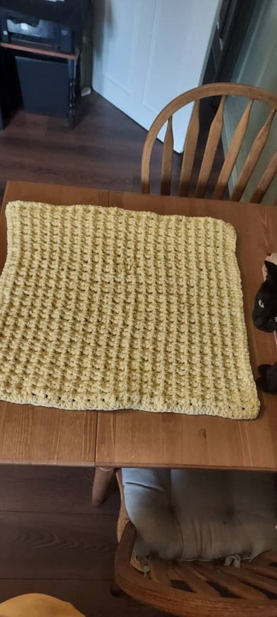 a dog is sitting on a chair at the table with a placemat in front of it