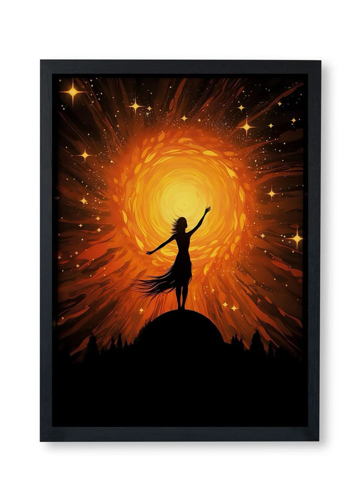 a woman standing on top of a hill with her arms in the air and stars around her