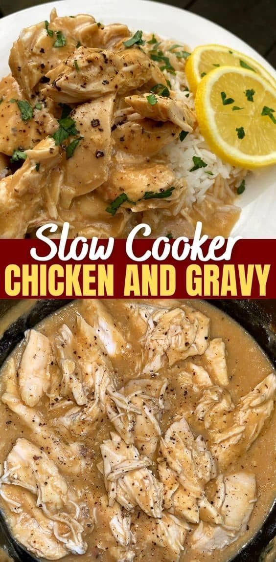 slow cooker chicken and gravy recipe on a plate with lemon wedges