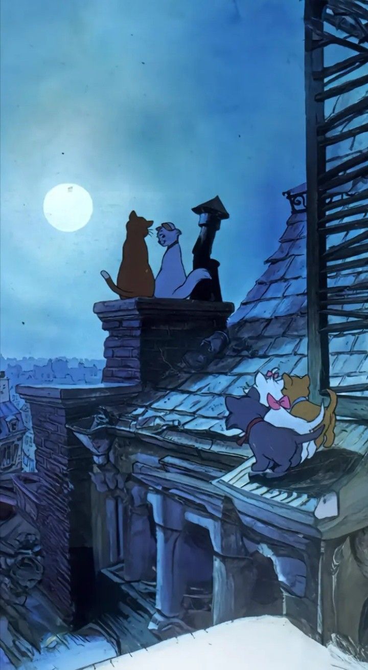 an animated scene with cats sitting on the roof