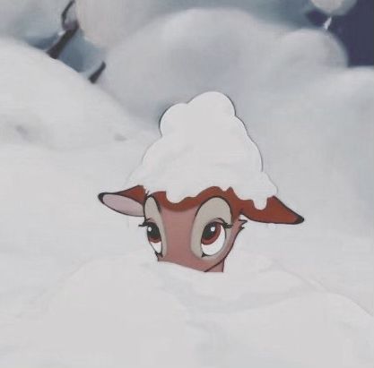 a cartoon sheep is standing in the snow with its head sticking out from it's side