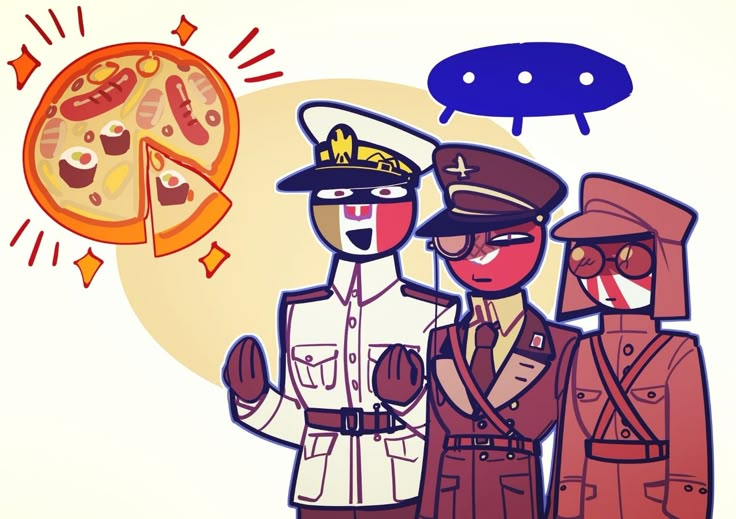 three people dressed in uniforms standing next to each other with pizza on the plate behind them