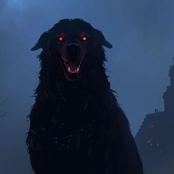 a black dog with glowing red eyes standing in front of a clock tower at night