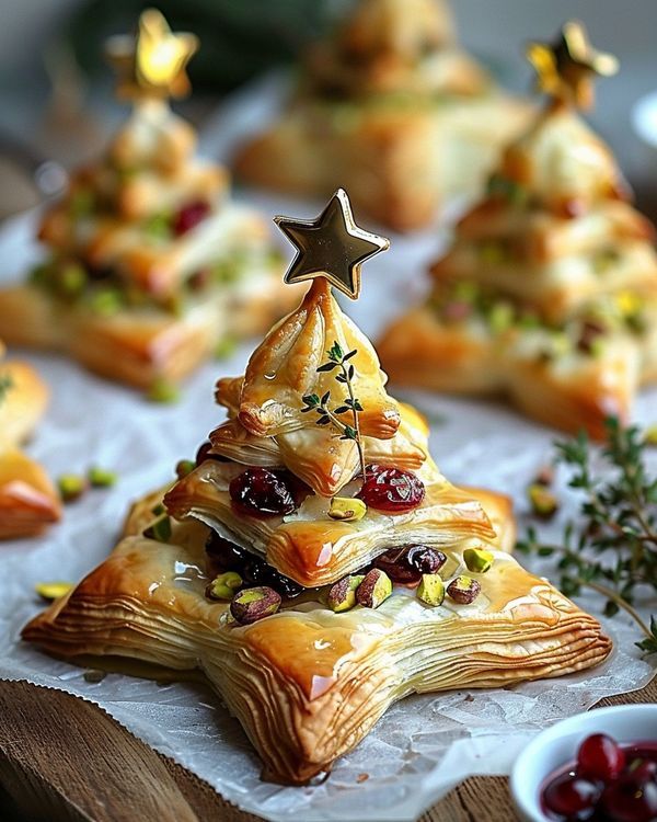 small christmas trees made out of pastry sitting on top of a wooden table next to some cranberry sauce